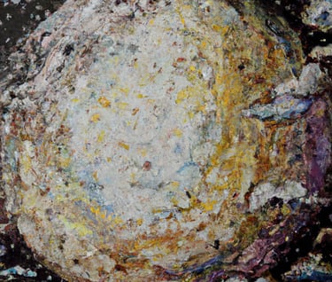 a painting of a large round object with a white background