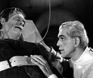 Glenn Strange as the Monster with Boris Karloff