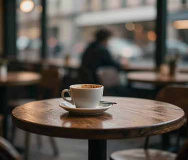 Blurry, artistic film shot of a small café table at dusk. A half-empty ceramic cup and a pen. Underexposed, moody, nostalgic palette of #8C735F and #3E352B, soft-focus aesthetic.