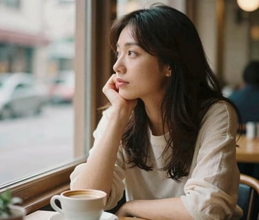 A candid, grainy film photograph of a woman sitting alone in a sun-drenched café, looking thoughtfully out of the window. The lighting is warm and natural, highlighting a ceramic cup on the table. Colors include muted brown #8C735F and soft cream #F8F3EC.