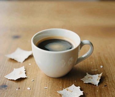 An abstract film photo of a cup of coffee on a wooden table with scattered torn paper scraps. Warm cream (#F8F3EC) and faded ink tones. Slightly out of focus, looking like a quiet moment captured in a darkroom.