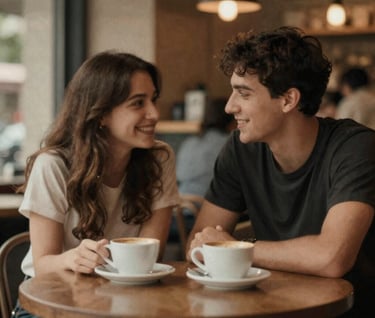A grainy, underexposed photo of two people sitting together in a dimly lit cafe, their faces slightly out of focus. Authenticity over polish. Colors: #D1B499, #3E352B.