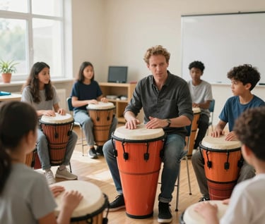 A music appreciation class for beginners in a bright International / English-speaking community center. A teacher is showing students the basics of rhythm on vibrant coral colored percussion instruments. The room is filled with soft off-white light.