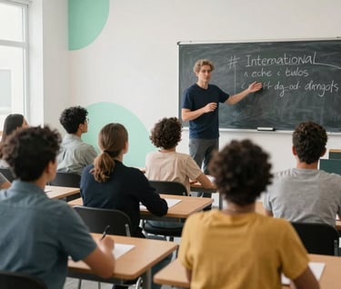 A high-quality photo of a diverse group of adults in a bright, modern International / English-speaking classroom setting. They are listening to a musician explain a musical concept on a chalkboard. The room is airy with Soft Cloud White walls and Electric Mint decor.