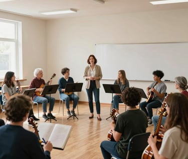A bright and airy classroom in an International / English-speaking community center where a teacher is leading a music appreciation class for adults. The room has soft off-white décor and people are holding various instruments.