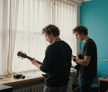 A collaboration session in a International / English-speaking creative loft. Two musicians are working together near a large window with soft off-white curtains. The atmosphere is energetic and professional, with a bright turquoise accent wall.
