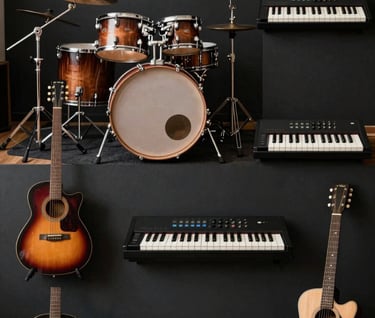 A collage style photograph showing different musical instruments—drums, keys, and guitar—arranged in a bright, funky International / English-speaking rehearsal space with deep charcoal black accents.