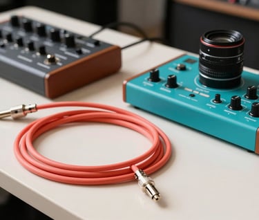 Close-up of professional music gear on a soft off-white table in a International / English-speaking studio. Includes a vibrant coral colored guitar cable and a bright turquoise synthesizer interface. Crisp, bright, and professional aesthetic.