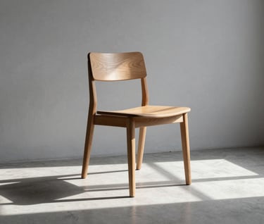A medium shot of a minimalist wooden chair placed in the corner of a room with light gray walls. Shadows from a nearby window create sharp geometric patterns on the floor. Professional architectural photography with an emphasis on simplicity and form.