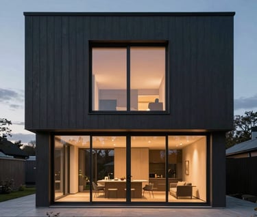 An exterior architectural shot of a minimalist villa in Northern Europe at dusk. The building features dark gray cladding and expansive glass windows that reveal a warm, dimly lit interior. The composition is balanced and elegant.