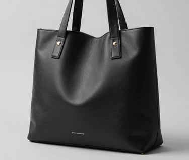 Detail shot of black leather accessories against a light gray #D0D0D0 backdrop. Sleek, minimalist design, high contrast lighting, and premium look. Sophisticated fashion photography.