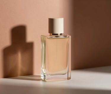 A modern commercial product—a perfume bottle—photographed with artistic hard light. The composition uses geometric shadows and reflections. Colors include #F8F4ED sand glass and terracotta #A3533F accents in the background. Sharp, professional, results-oriented aesthetic.