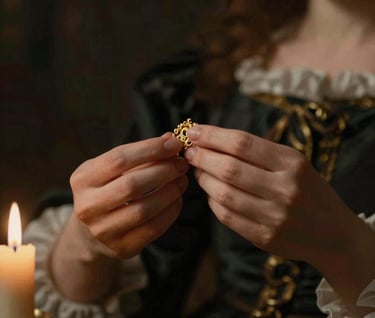 Close up shot of hands holding a golden accessory, lit with hard, dramatic light that mimics a candle-lit Baroque painting. Deep charcoal shadows and warm terracotta skin tones. Sophisticated and approachable mood.