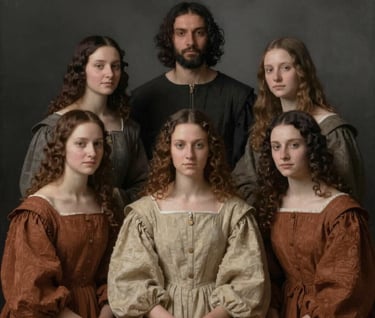 A group portrait with a Renaissance composition, people arranged in a triangle. Soft skin tones against a charcoal #363131 background. The clothing incorporates sand #F8F4ED and terracotta #A3533F tones. Moody lighting, evocative of an old master painting.