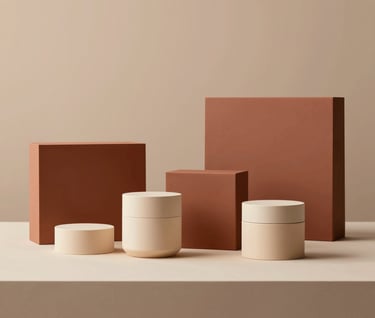 Wide shot of a luxury product setup. The arrangement feels like a classical still-life painting but with modern high-key hard lighting. Deep terracotta accents (#A3533F) contrast with sand-colored elements (#F8F4ED).