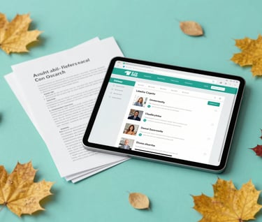 A creative arrangement of academic artifacts: a stack of research papers, a digital tablet showing a library catalog interface, and a scattering of vibrant autumn leaves. The composition is professional yet artistic, highlighting the #D4B281 gold and #7A9E9F teal tones.