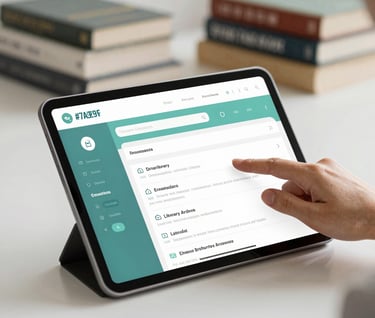 A hand navigating a digital library archive on a tablet. The screen shows a clean interface with teal #7A9E9F accents. The setting is a cozy, brightly lit office with a stack of books in the background, combining technology and traditional scholarship.