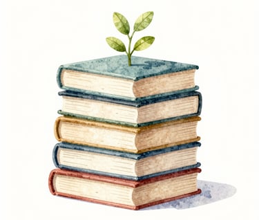 A whimsical watercolor illustration of a stack of books with tiny green leaves sprouting from the pages, using #7A9E9F and #D4B281 on #F8F6F4 paper.