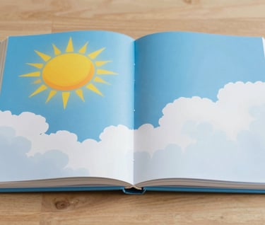 A bright, colorful photograph of an open picture book showing a sun and clouds, inviting and cheerful mood.