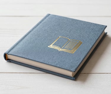 A close-up of a handmade creative portfolio binder. The cover is a textured fabric in #7A9E9F with a gold #D4B281 foil stamp of an open book. It sits on a clean, off-white wooden surface #F8F6F4.