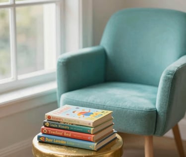 An inviting reading corner featuring a plush #7A9E9F teal chair and a sunlit window. A small pile of children's literature sits on a gold #D4B281 stool, conveying a sense of warmth and imaginative possibility.