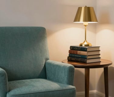 A cozy, sophisticated reading nook with a #7A9E9F teal upholstered chair and a wooden side table. A warm #D4B281 golden lamp illuminates a stack of library books. The setting is scholarly yet inviting, against a neutral #F8F6F4 wall.