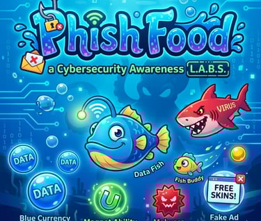 "Cover image for the educational game Phish Food, showing a digital data fish navigating a cyber oce
