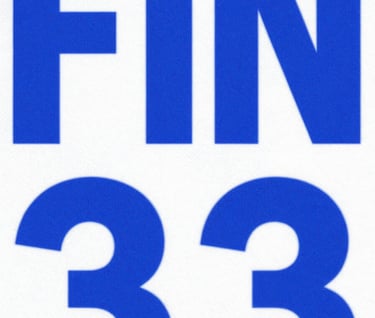 Graphic poster style image with the word 'FIN' in huge bold condensed typography, blue background with halftone dots, paper texture visible.