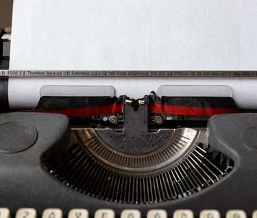 Extreme close-up of a vintage typewriter. The paper has a 'halftone' dot pattern. Colors are restricted to #FDFDF5 and #1A1A1A. Graphic and high-contrast.
