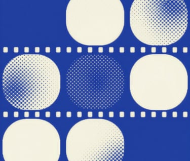 Abstract graphic composition of film strips and halftone pattern circles in primary blue and off-white, sharp edges, 60s revolutionary aesthetic.