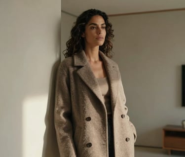 An atmospheric editorial portrait of a Brazilian woman elegantly styled in a tailored warm taupe coat, standing inside a minimalist architectural home in São Paulo. Soft, natural light cascades from the side, evoking a poetic, intimate, and timeless mood.