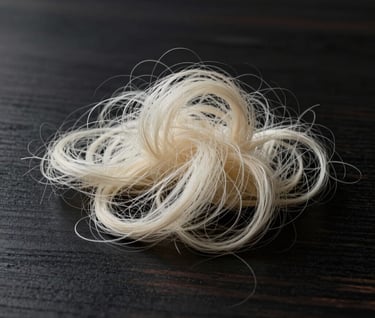 Detail photo of delicate, raw ivory silk fibers resting on a dark ebony wood surface. High-contrast, elegant, minimalist texture study for a high-fashion editorial.