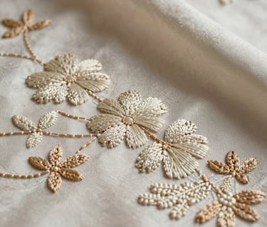 Detail macro photograph of exquisite hand-stitched embroidery on premium textured silk fabric. Soft morning light highlighting the delicate patterns of cream and light sand colored threads, haute couture magazine style, quiet luxury aesthetic.