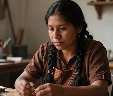 Poetic, intimate portrait of a South American artisan looking thoughtfully at their work, soft side lighting in a quiet studio. Deep espresso and copper brown color harmony, high-end editorial look.