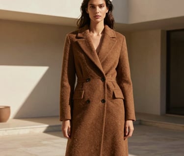 An archival fashion photograph of a model in a sophisticated, structured soft brown coat, posing gracefully in a sun-drenched minimalist courtyard in Brazil. Editorial styling, natural warm lighting, elegant shadows.