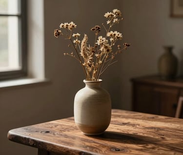 Cinematic, editorial photograph of a minimalist ceramic vase holding dry wildflowers, positioned on a rustic wooden table. The scene is illuminated by a single, soft shaft of light from a window, emphasizing rich walnut brown and sand tones. Poetic, quiet, and reflective high-end publication style.