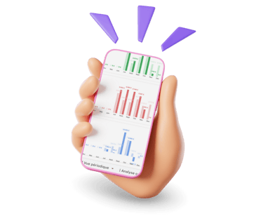 une main 3D tenant un iPhone présentant un outil de gestion des finances personnelles