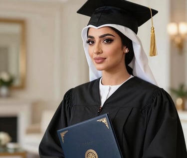 A close-up of a Middle Eastern woman in a luxurious graduation gown, holding a sophisticated diploma folder, soft focus background in a high-end Gulf home, elegant lighting, professional photography.