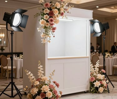 An elegant photo booth setup at a high-end event in a Middle Eastern hall. The booth is decorated with light cream and dusty pink flowers, with professional studio lights prepared for guests.