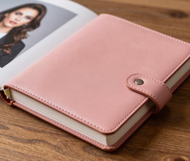 Detailed close-up photography of a premium leather-bound photo album in Dusty Rose color, resting on a wooden table with soft focus on a professional portrait of a woman inside, warm natural lighting.
