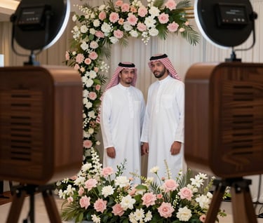 A luxury photobooth setup at a Middle Eastern wedding, decorated with fresh flowers in light pink and white, professional lighting equipment visible, elegant and inviting festive atmosphere.