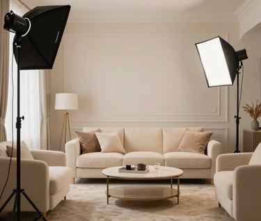 Interior shot of a professional female-only home studio in the Middle East, showcasing a cozy yet luxurious photography space with soft cream furniture and professional studio lights.