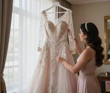 An elegant bridal preparation scene in a luxury Middle Eastern suite, highlighting a detailed wedding dress on a silk hanger, soft morning light, feminine atmosphere with light pinkish white and dusty rose accents.