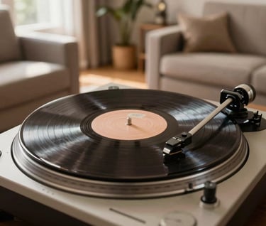 A vintage vinyl record spinning on a turntable in a sun-drenched North American / US living room. The record is Dark Charcoal Brown, and the surrounding furniture is Warm Taupe, creating an authentic and nostalgic feel.