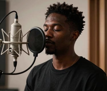 A musician's silhouette behind a professional studio pop filter, eyes closed in concentration, deep espresso brown shadows, North American / US recording studio.