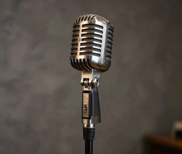 A vintage-style condenser microphone on a stand in a moody North American / US jazz club, warm stone grey lighting reflecting off the metal, timeless and elegant atmosphere.