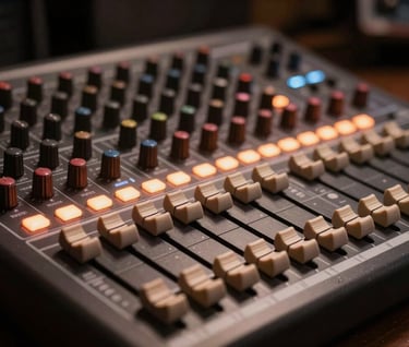 Professional soundboard with illuminated faders in a dark studio, artistic bokeh, dark espresso brown and muted rosy brown tones, North American / US.