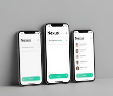 Three smartphones leaning against a neutral gray wall, each showing a different screen of the Nexus app with clean white space, sophisticated typography, and teal accents.