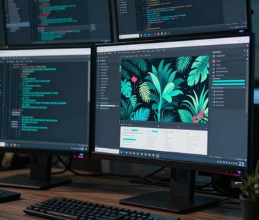 A wide shot of a multi-monitor setup in a dark room. The screens display complex code and a final rendered dashboard with vibrant Tropical Teal data visualizations. Professional, creative workspace vibe.