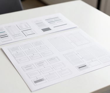 A refined, professional shot of printed wireframes and user flow diagrams laid out on a clean white table, illustrating technical planning and modern UI design structure.